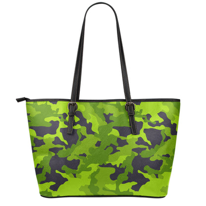 Lime Green Camouflage Print Leather Tote Bag