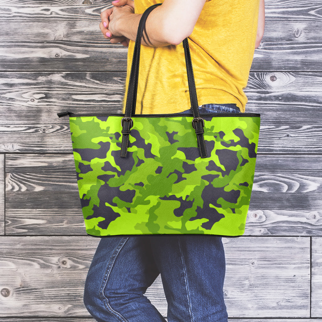 Lime Green Camouflage Print Leather Tote Bag