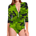 Lime Green Camouflage Print Long Sleeve Swimsuit