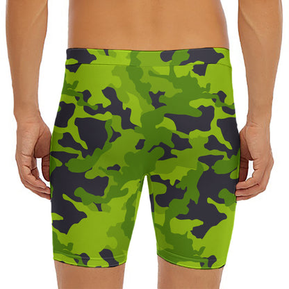Lime Green Camouflage Print Men's Long Boxer Briefs