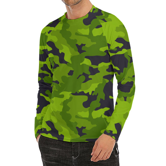 Lime Green Camouflage Print Men's Long Sleeve Rash Guard