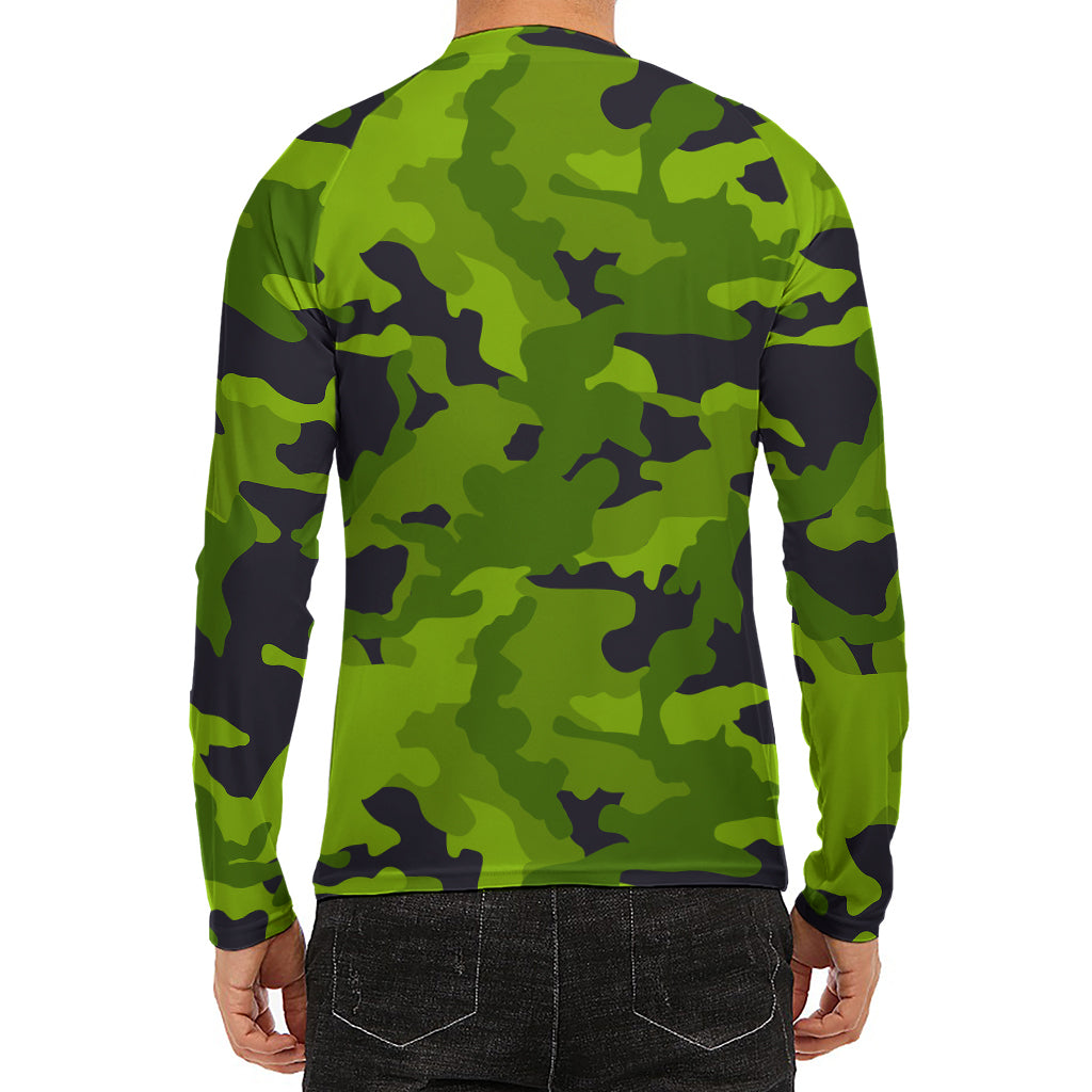 Lime Green Camouflage Print Men's Long Sleeve Rash Guard