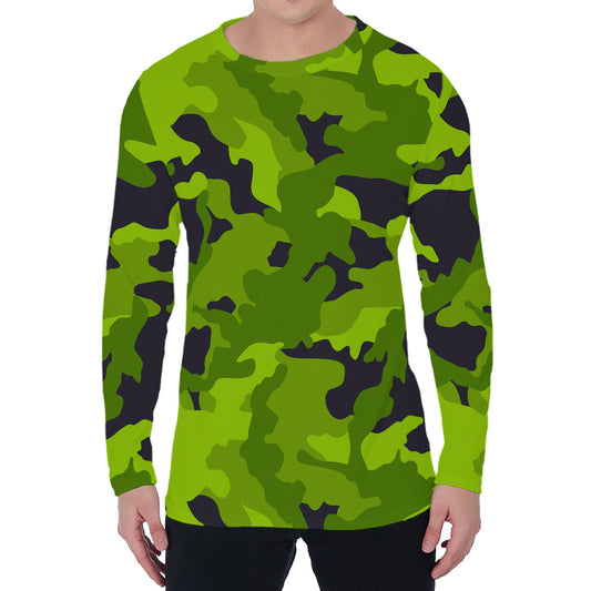 Lime Green Camouflage Print Men's Long Sleeve T-Shirt