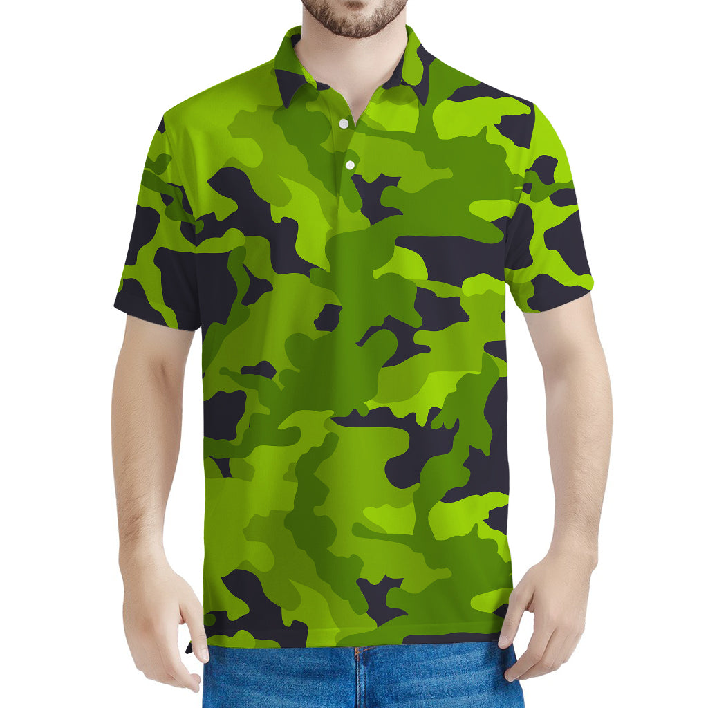 Lime Green Camouflage Print Men's Polo Shirt