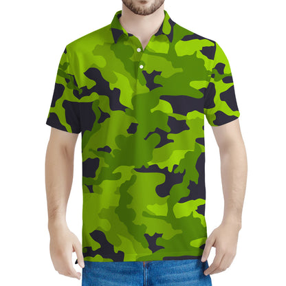 Lime Green Camouflage Print Men's Polo Shirt