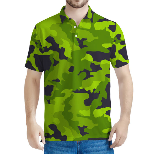 Lime Green Camouflage Print Men's Polo Shirt
