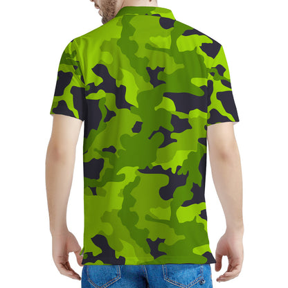 Lime Green Camouflage Print Men's Polo Shirt