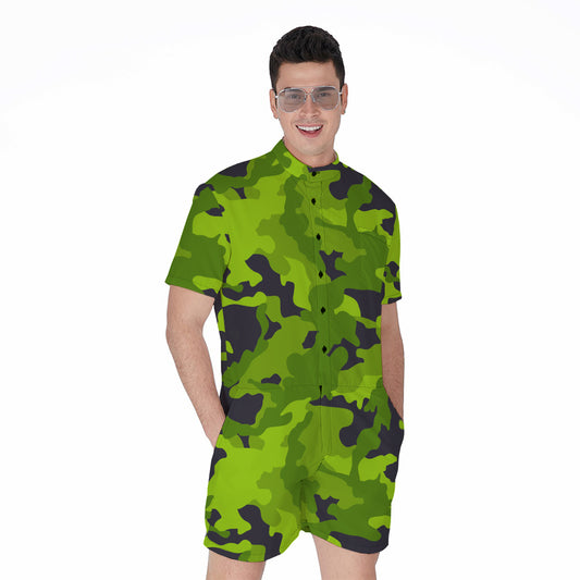 Lime Green Camouflage Print Men's Rompers