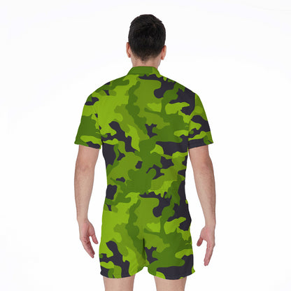 Lime Green Camouflage Print Men's Rompers
