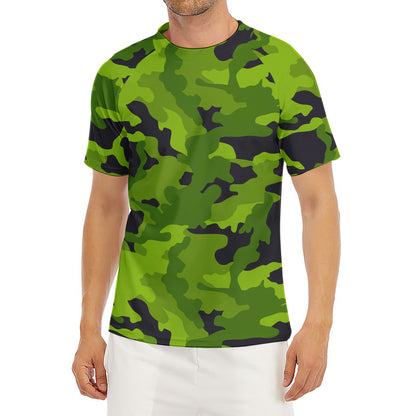 Lime Green Camouflage Print Men's Short Sleeve Rash Guard