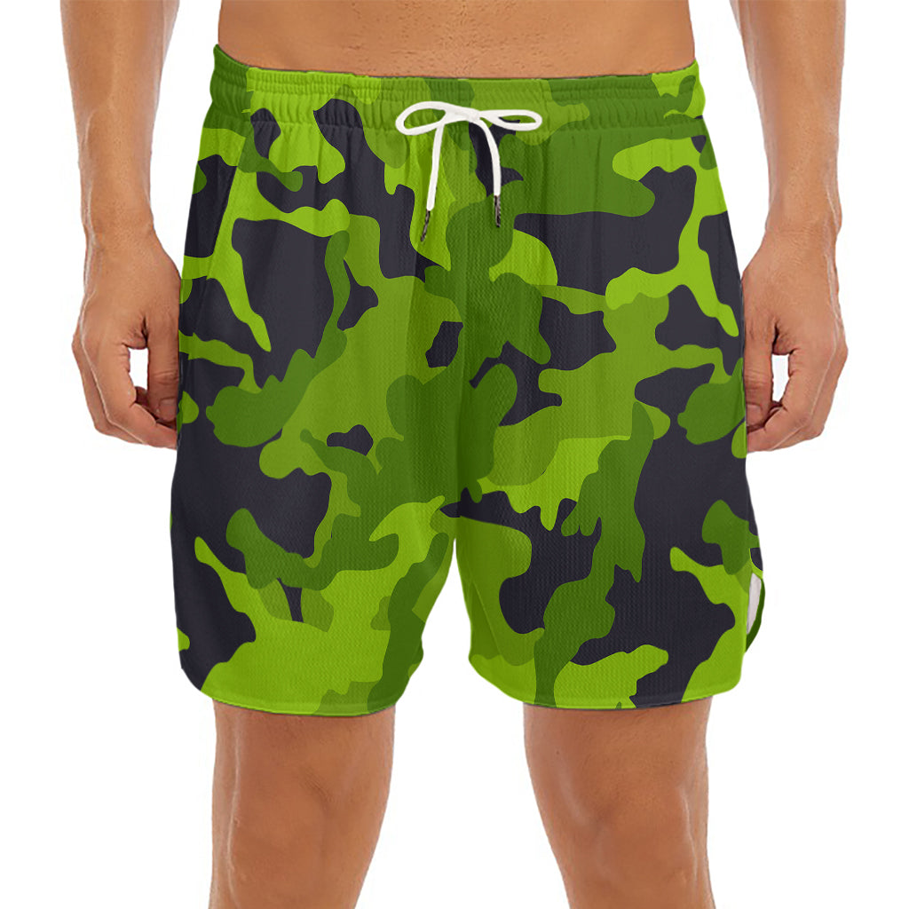 Lime Green Camouflage Print Men's Split Running Shorts