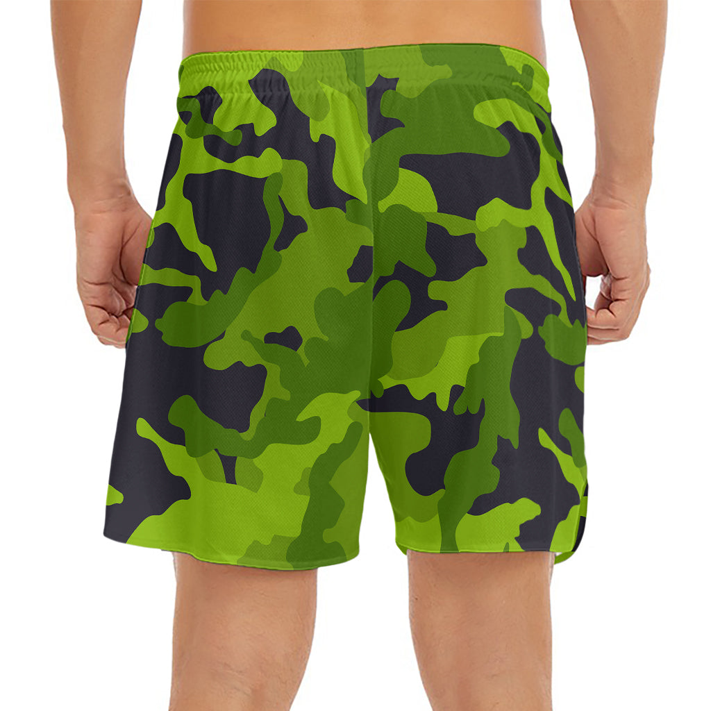 Lime Green Camouflage Print Men's Split Running Shorts