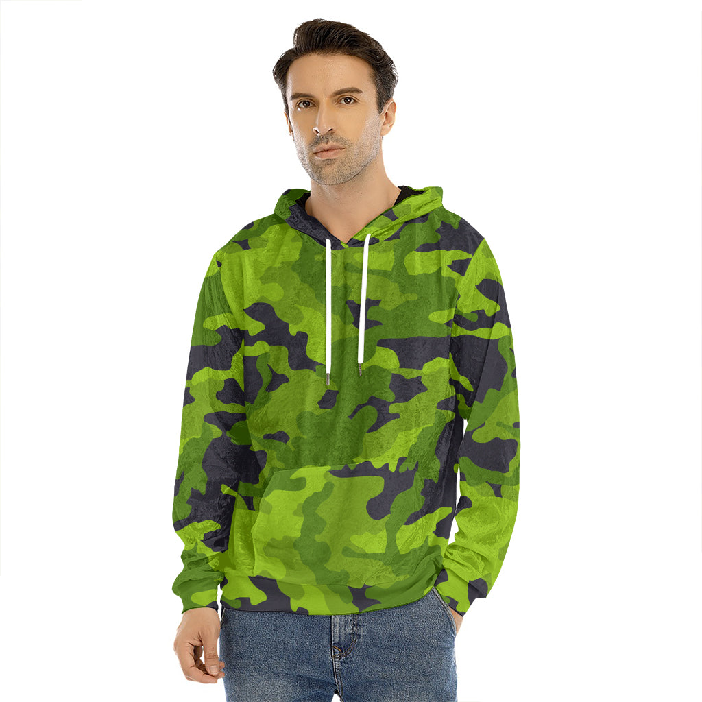 Lime Green Camouflage Print Men's Velvet Pullover Hoodie