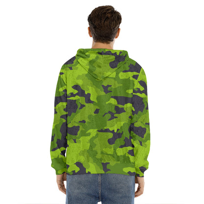 Lime Green Camouflage Print Men's Velvet Pullover Hoodie
