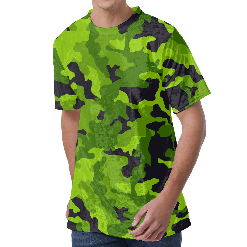 Lime Green Camouflage Print Men's Velvet T-Shirt