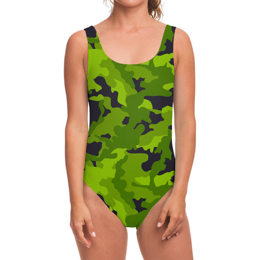 Lime Green Camouflage Print One Piece Swimsuit