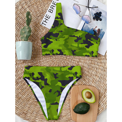 Lime Green Camouflage Print One Shoulder Bikini Top