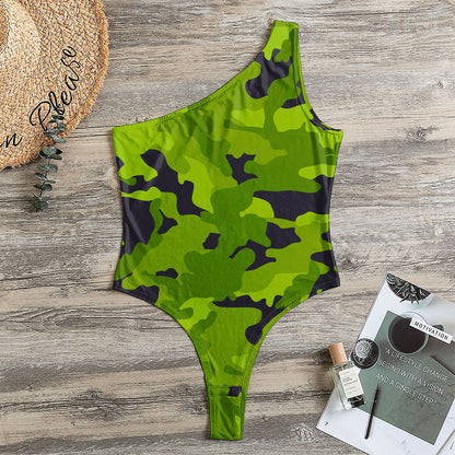 Lime Green Camouflage Print One Shoulder Bodysuit