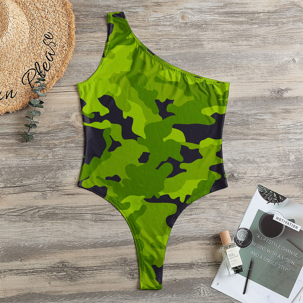Lime Green Camouflage Print One Shoulder Bodysuit