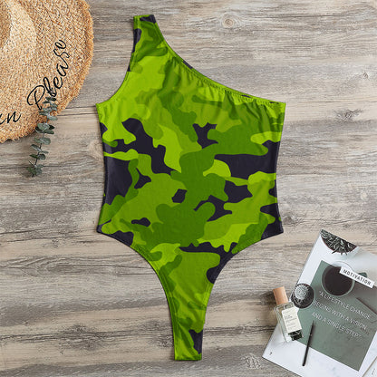 Lime Green Camouflage Print One Shoulder Bodysuit