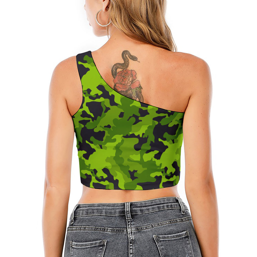 Lime Green Camouflage Print One Shoulder Crop Top