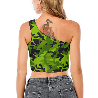 Lime Green Camouflage Print One Shoulder Crop Top