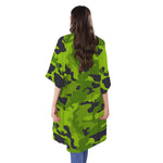 Lime Green Camouflage Print Open Front Beach Cover Up
