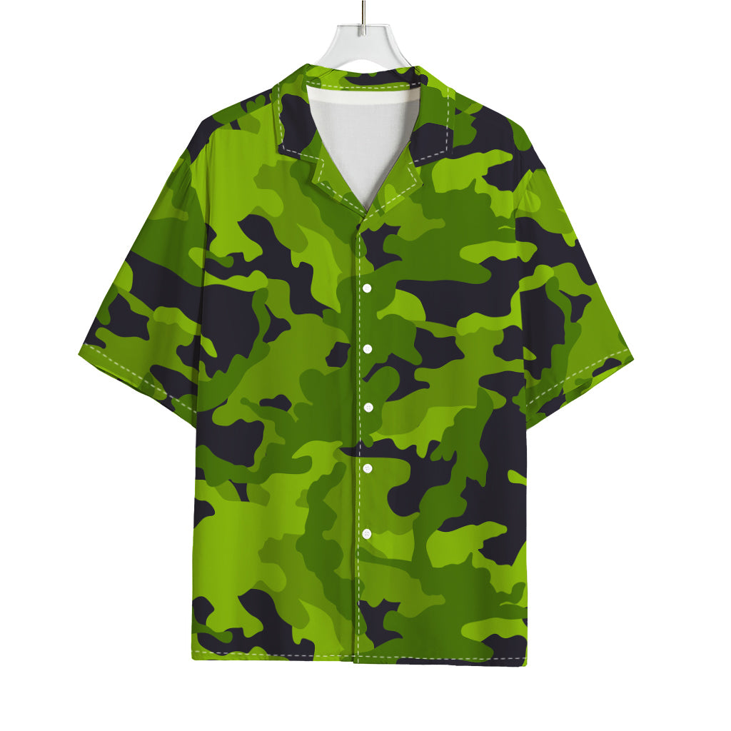 Lime Green Camouflage Print Rayon Hawaiian Shirt
