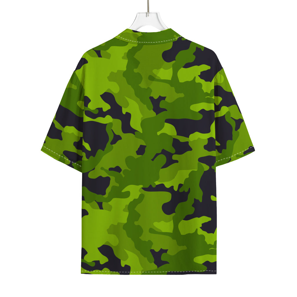 Lime Green Camouflage Print Rayon Hawaiian Shirt