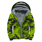 Lime Green Camouflage Print Sherpa Lined Zip Up Hoodie