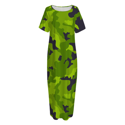 Lime Green Camouflage Print Short Sleeve Long Nightdress