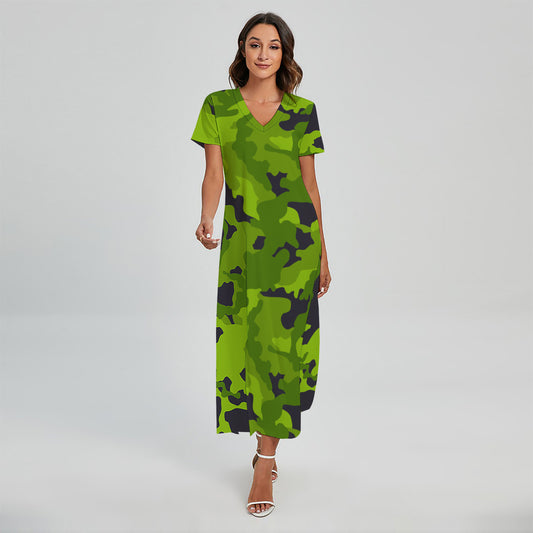 Lime Green Camouflage Print Short Sleeve Maxi Dress