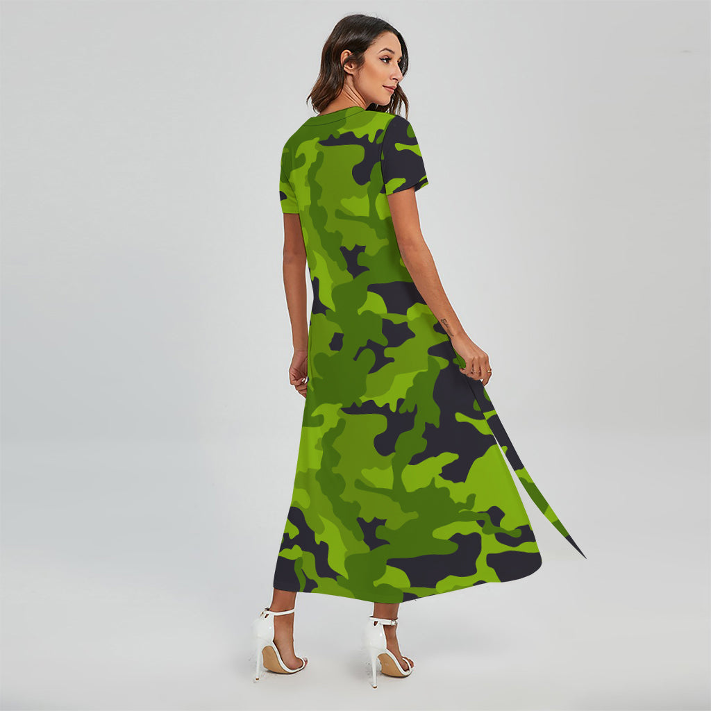 Lime Green Camouflage Print Short Sleeve Maxi Dress