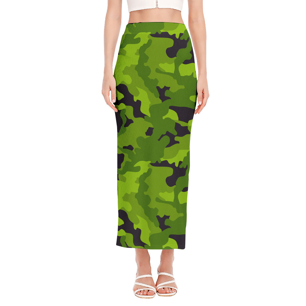 Lime Green Camouflage Print Side Slit Maxi Skirt