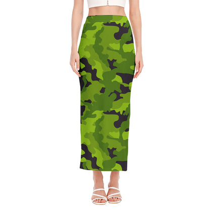 Lime Green Camouflage Print Side Slit Maxi Skirt