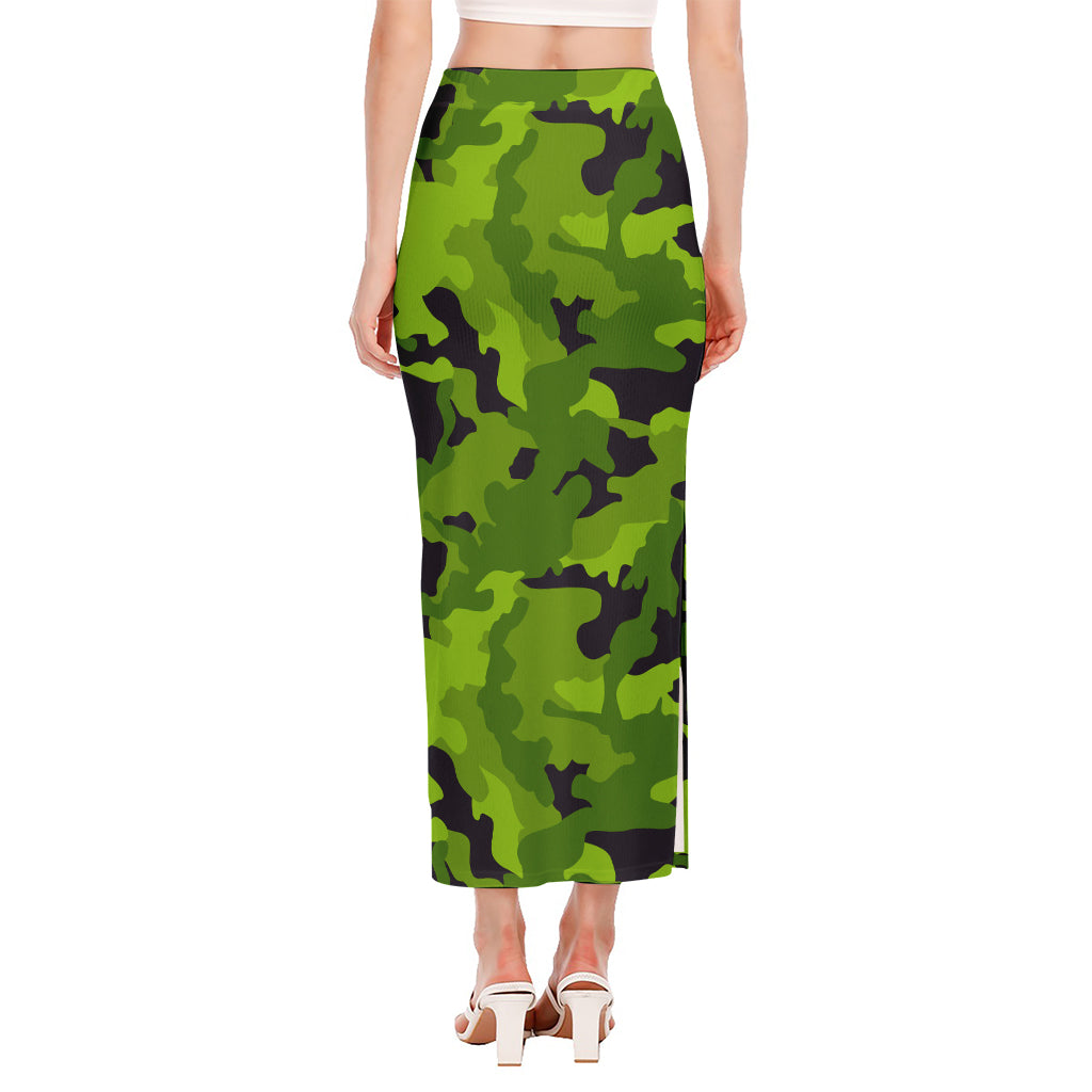 Lime Green Camouflage Print Side Slit Maxi Skirt