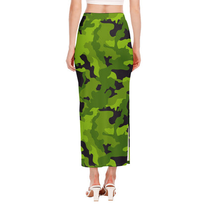 Lime Green Camouflage Print Side Slit Maxi Skirt