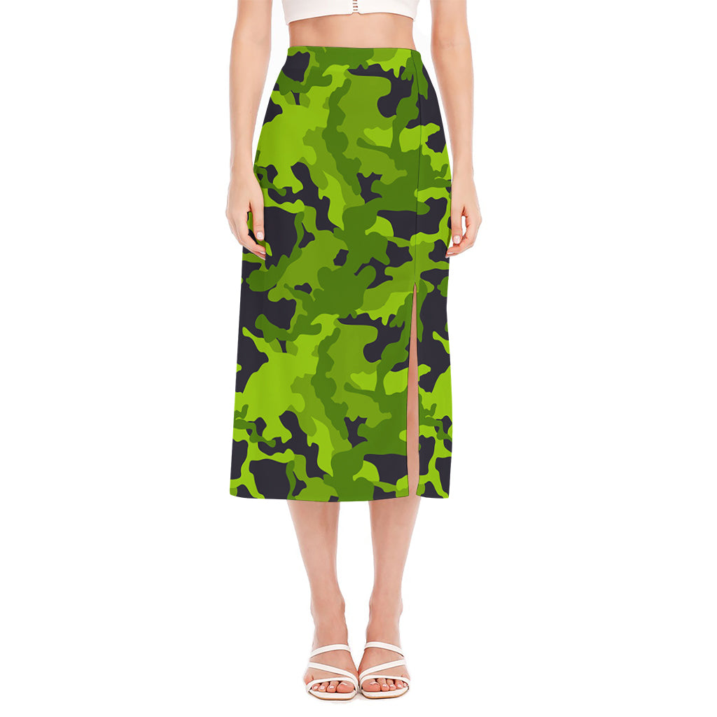 Lime Green Camouflage Print Side Slit Midi Skirt