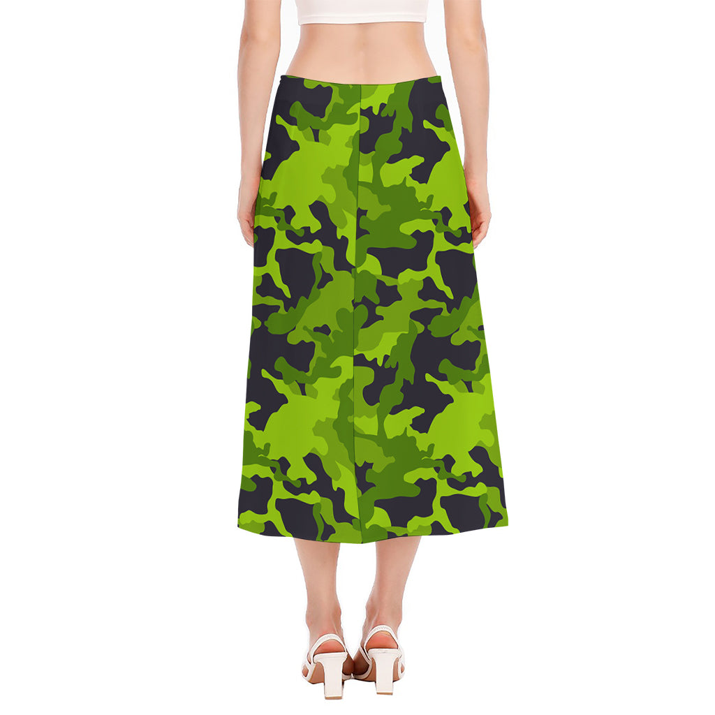 Lime Green Camouflage Print Side Slit Midi Skirt