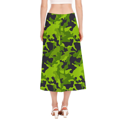 Lime Green Camouflage Print Side Slit Midi Skirt