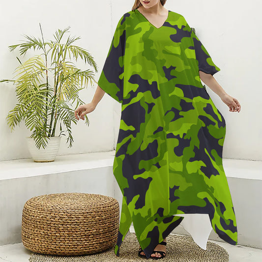 Lime Green Camouflage Print Silk V-Neck Kaftan Dress