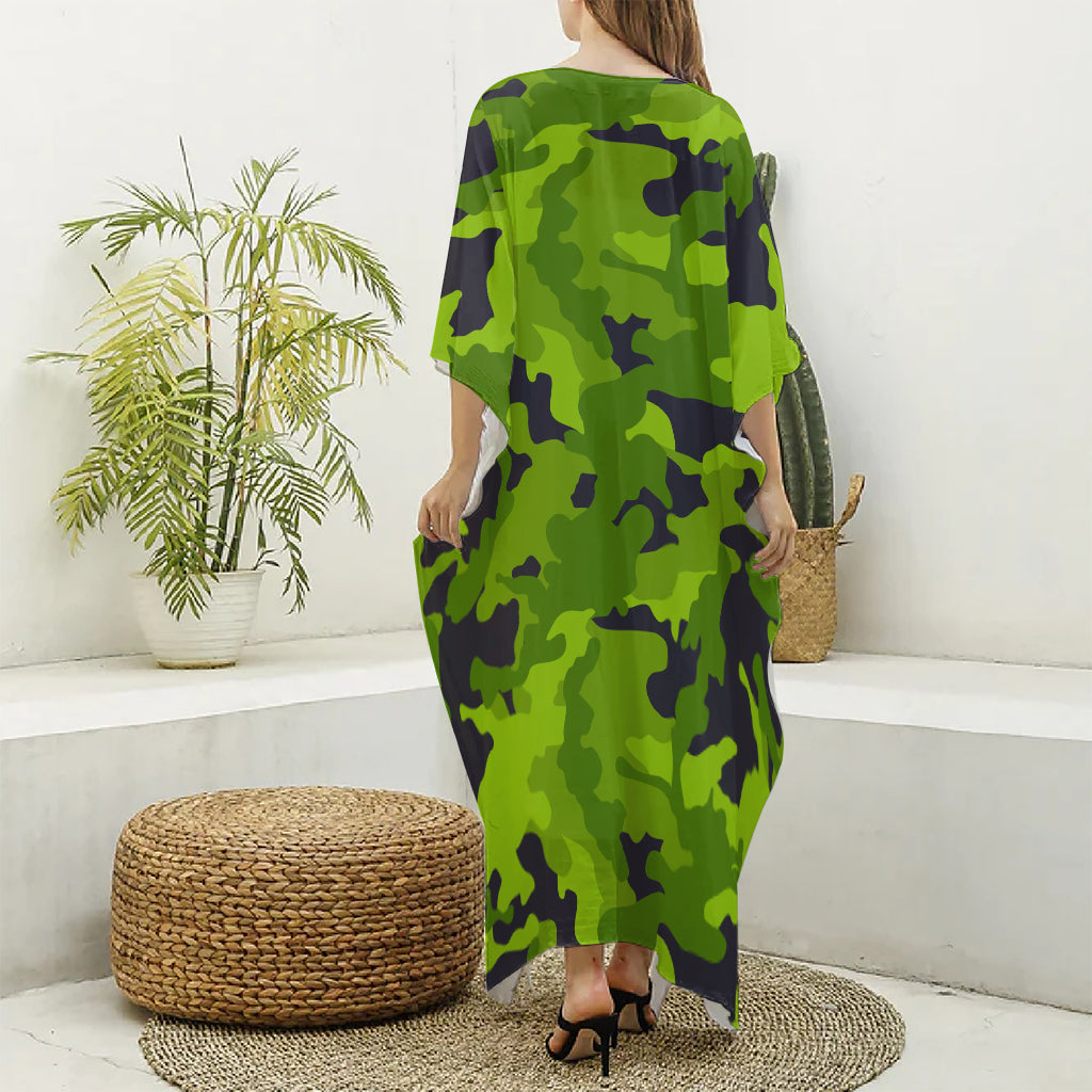 Lime Green Camouflage Print Silk V-Neck Kaftan Dress