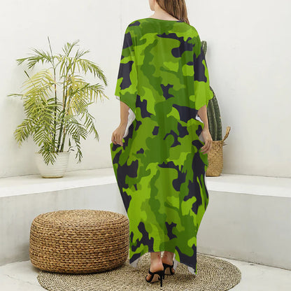 Lime Green Camouflage Print Silk V-Neck Kaftan Dress
