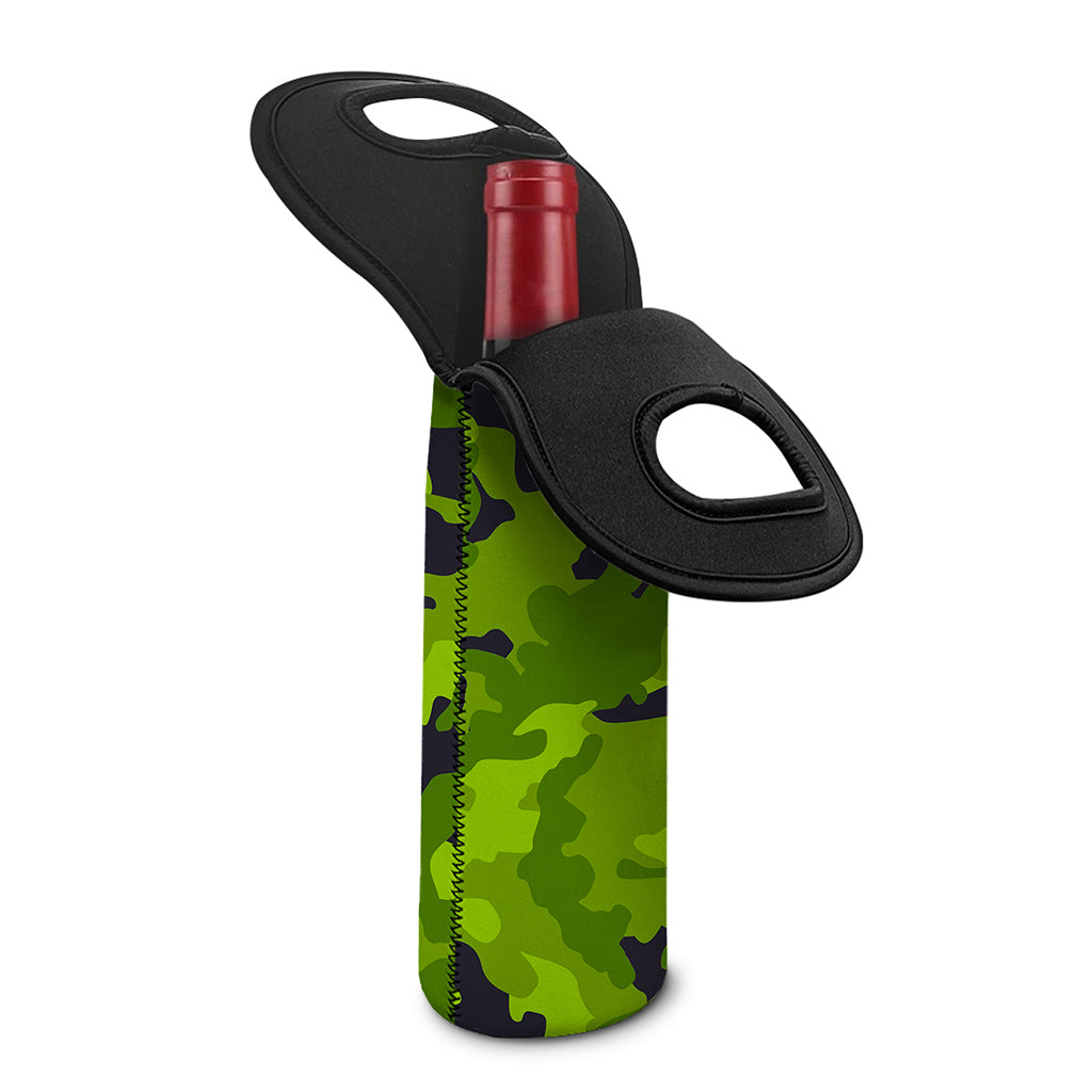 Lime Green Camouflage Print Single Neoprene Wine Tote