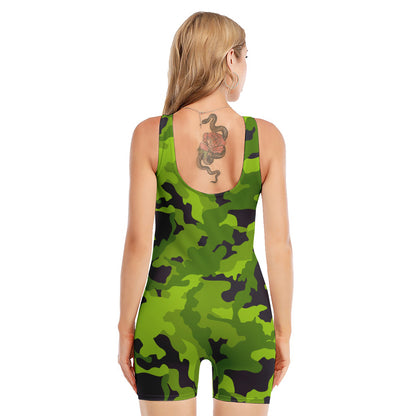 Lime Green Camouflage Print Sleeveless One Piece Swimsuit