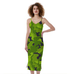 Lime Green Camouflage Print Slim Fit Midi Cami Dress