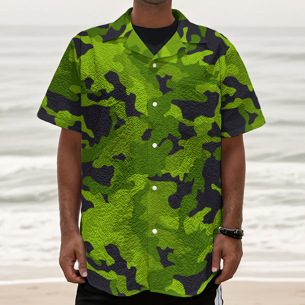 Lime Green Camouflage Print Textured Short Sleeve Shirt