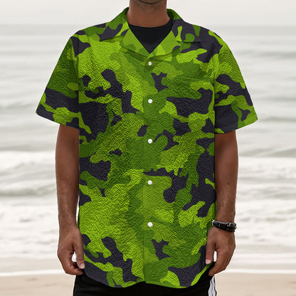Lime Green Camouflage Print Textured Short Sleeve Shirt