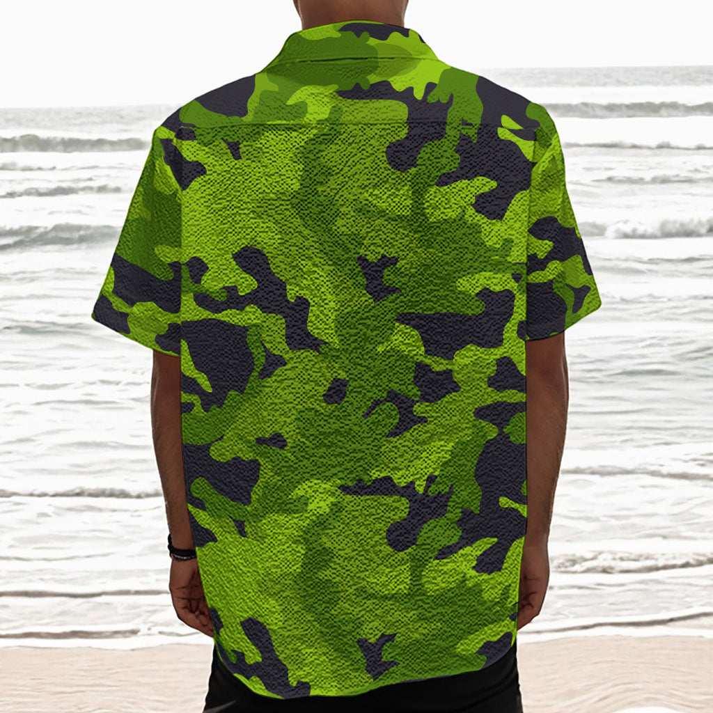 Lime Green Camouflage Print Textured Short Sleeve Shirt