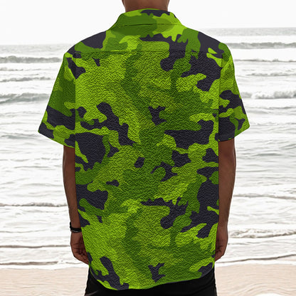 Lime Green Camouflage Print Textured Short Sleeve Shirt